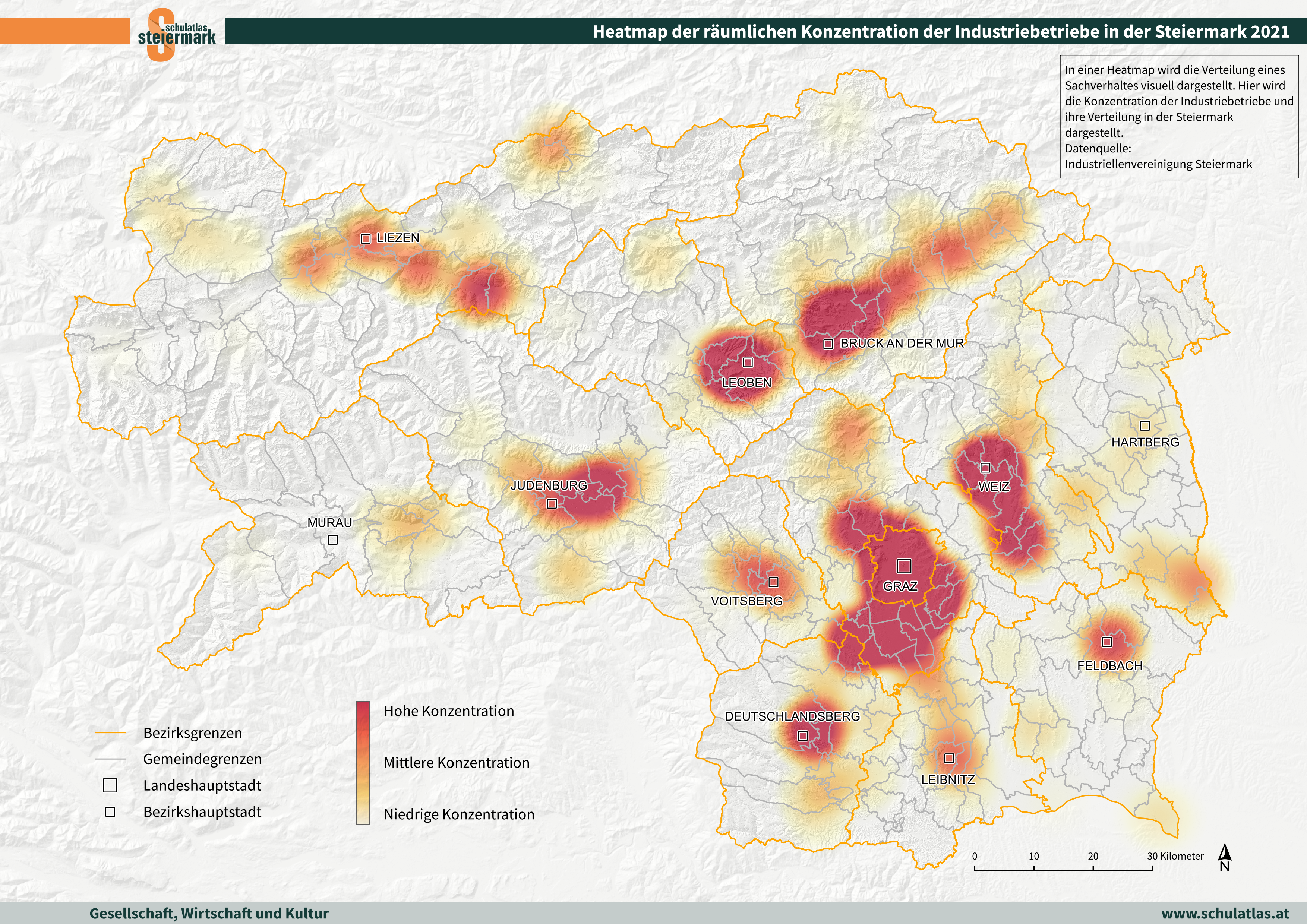 Heatmap der räumlichen Konzentration der Industriebetriebe in der Steiermark 2021