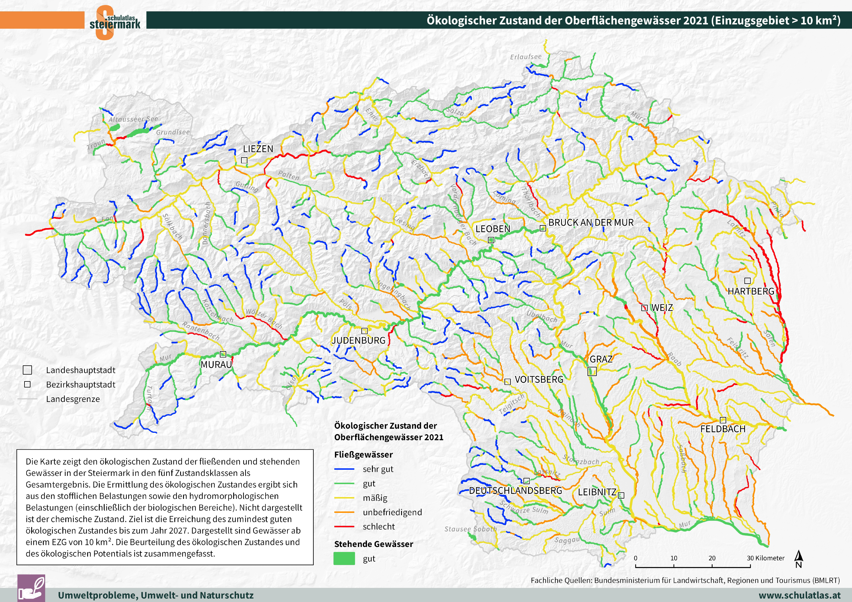Ökologischer Zustand der Oberflächengewässer in der Steiermark 2021 (EZG > 10 km²)