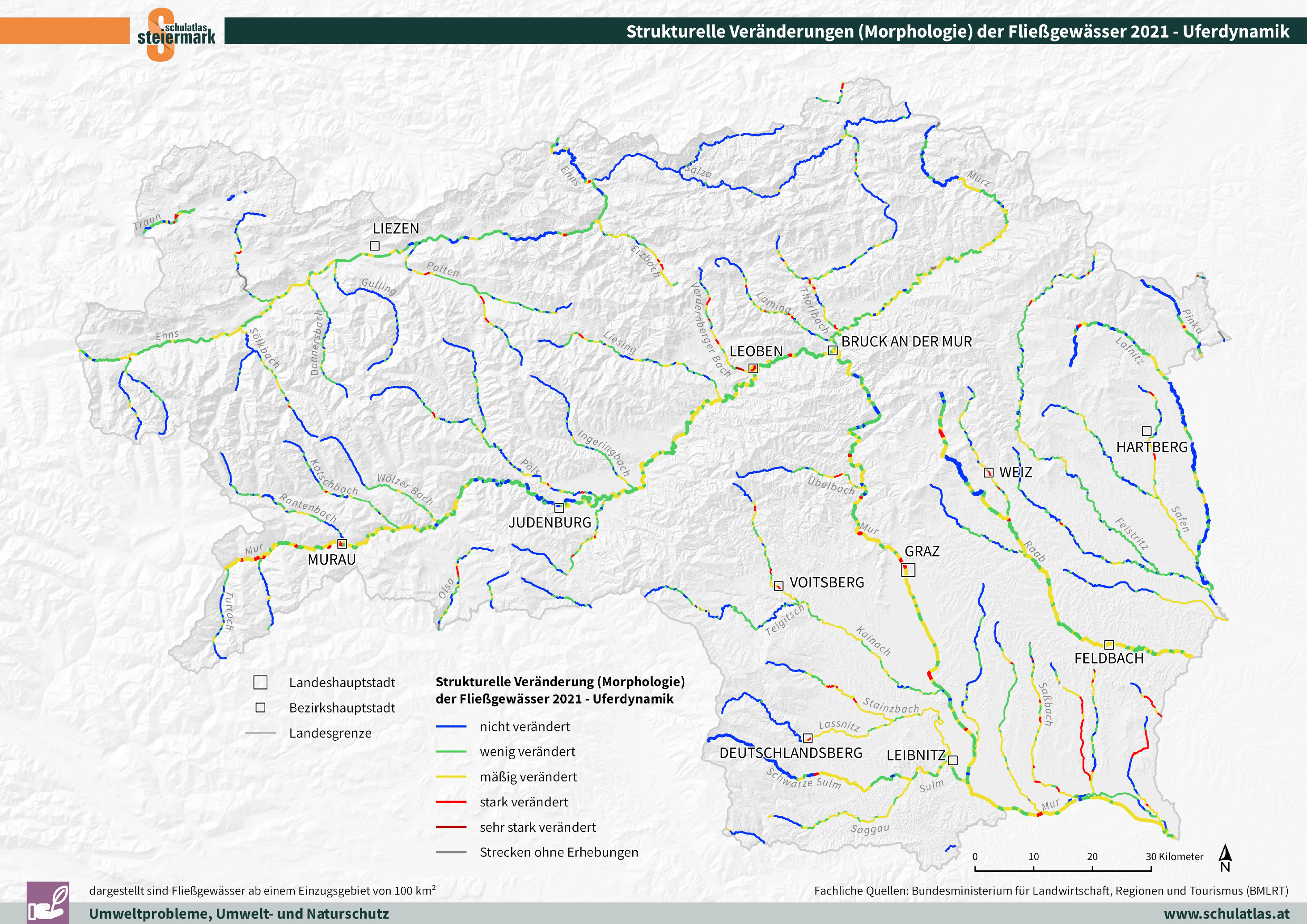 Strukturelle Veränderung (Morphologie) der Fließgewässer 2021 - Uferdynamik